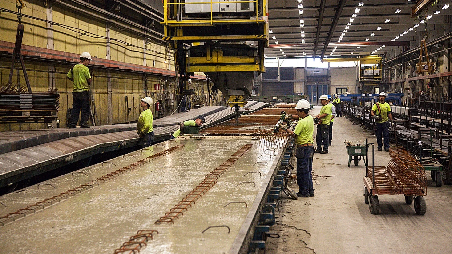 Elementfabrik där personal gjuter långa betongelement i produktionshall