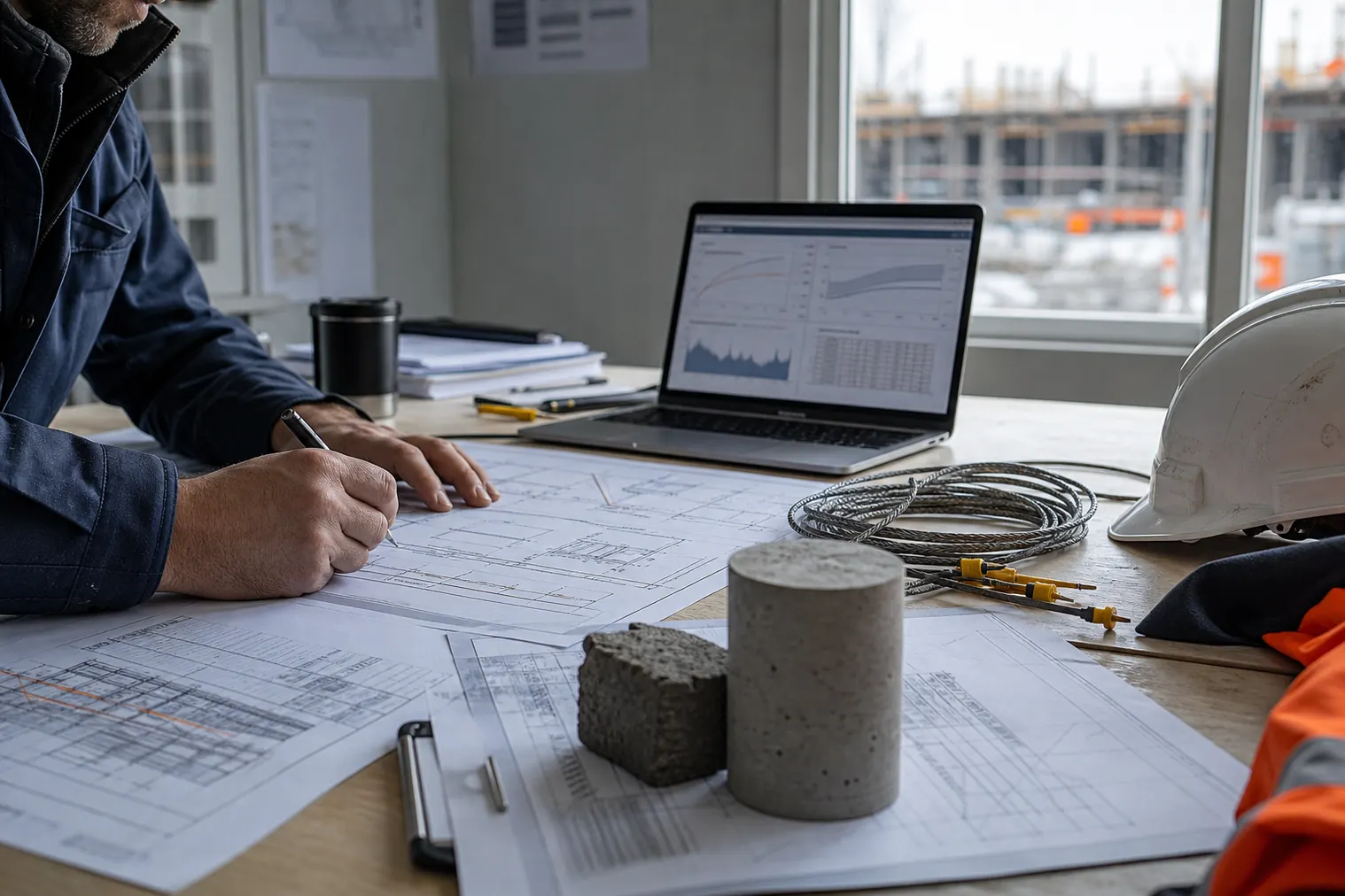 Jobsite office with concrete drawings, reports, measuring cables, and sample cylinders