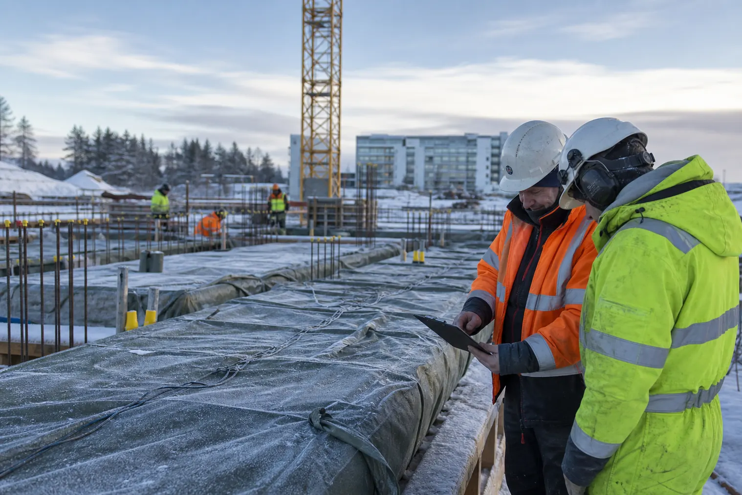Vintergjutning med täckta konstruktioner och platslag som kontrollerar gjutningen